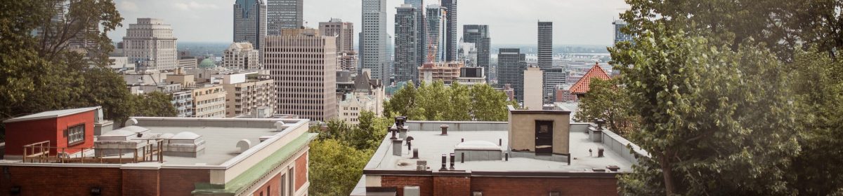 Toits résidentiels de Montréal avec le centre-ville en arrière-plan